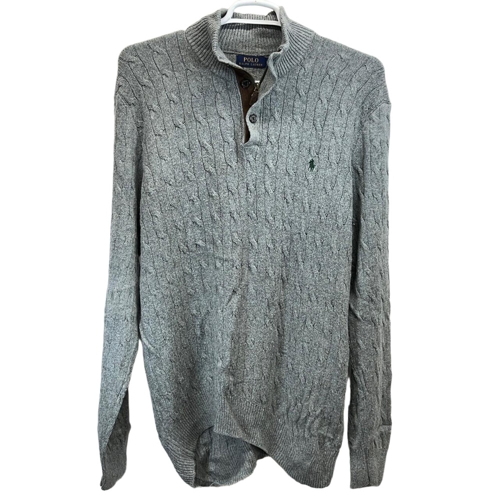 Vintage Polo Ralph Lauren Men's Gray Tussah Silk 1/4 Zip‎ Cable Knit Sweater XXL